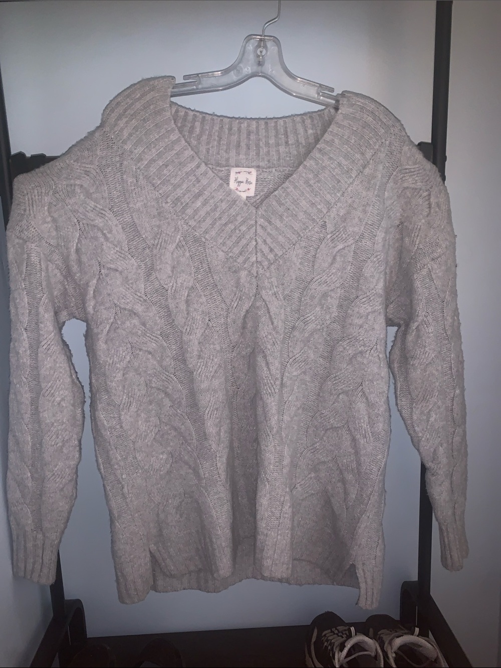 Hippie Rose Light Gray Cable Knit V-Neck Sweater